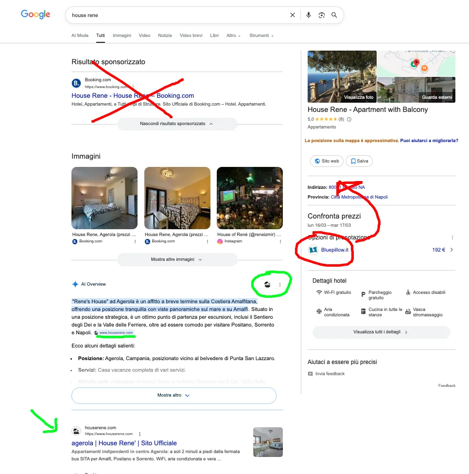 The photo shows a Google search where the Knowledge Panel contains unofficial data; while it shows reviews and an approximate location, the website link leads to a site not controlled by the business
